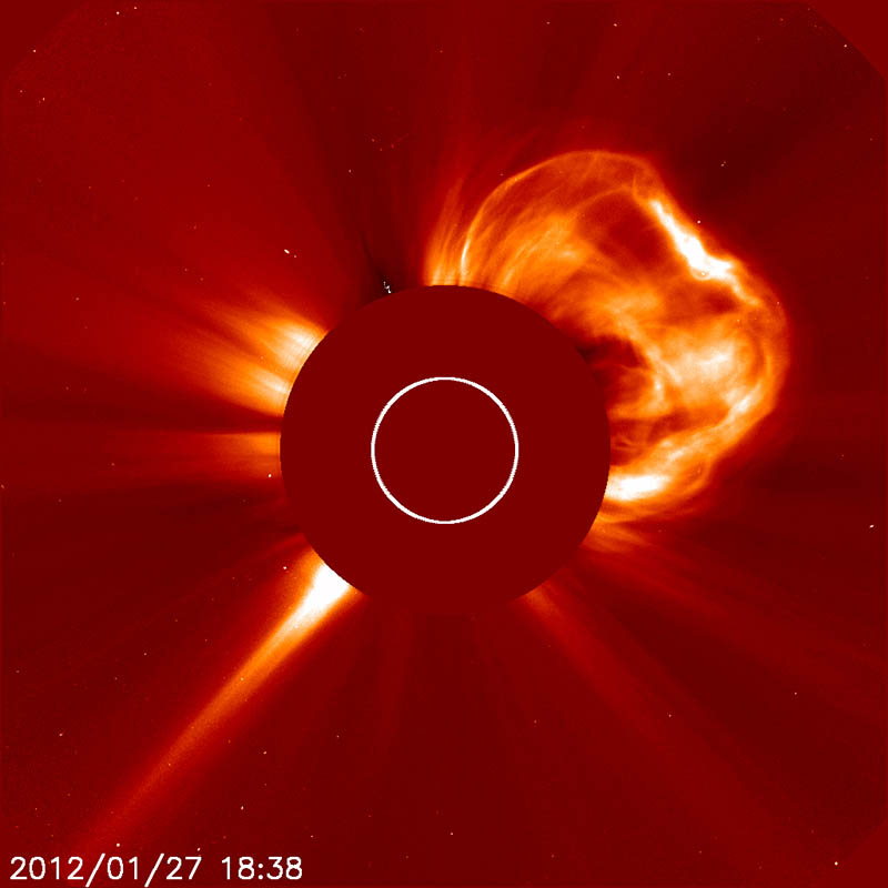 Solar and Heliospheric Observatory image of a coronal mass ejection on 27 January 2012. Image credit: ESA/NASA