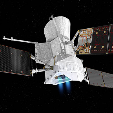 Artist’s impression of the joint ESA & JAXA BepiColombo spacecraft in cruise configuration with the ion thrusters firing. Image Credit: ESA/ATG medialab